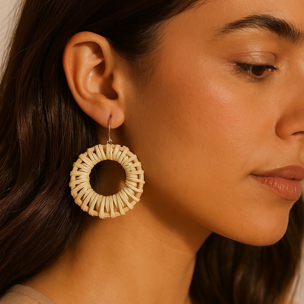 Rattan Round Earrings Fish Hook Pierced 2” diameter cream